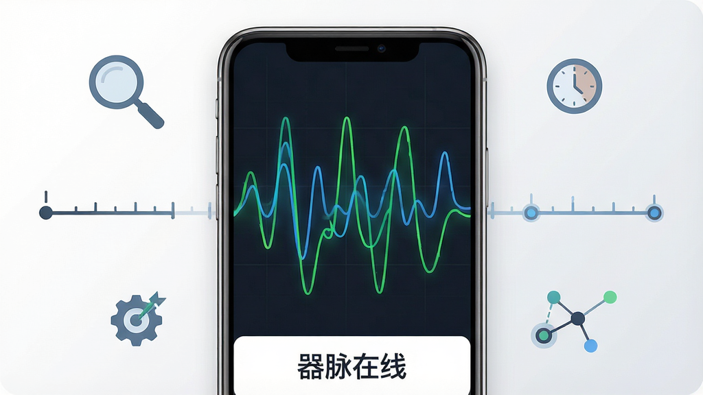 一张展示器脉在线脉象波形可视化功能的界面截图风格图片,画面主体是一部手机屏幕,屏幕上显示绿色与蓝色交织的脉象波形曲线,波形下方有“器脉在线”文字标识,屏幕周围环绕着放大镜、时间轴、数据点等扁平化图标,背景为白色到浅灰色的渐变,排版采用居中构图,风格科技简洁,细节上波形线条流畅,画质高清干净,无多余元素
