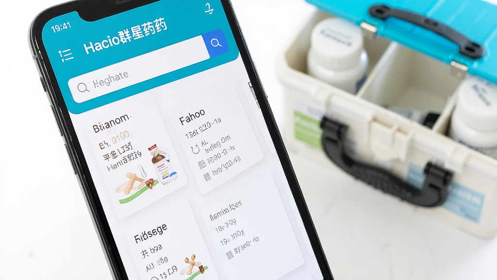 手机屏幕显示群星药药多的药品信息查询页面,画面中有搜索框和药品详细说明卡片,背景为白色简洁风格,旁边放着一个家庭药箱,光线明亮,画质高清,无杂乱元素