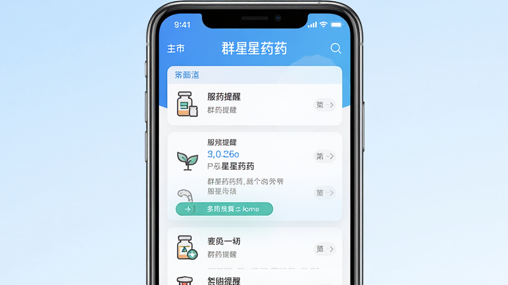 一张手机屏幕展示群星药药多软件主界面的图片,画面中央是手机正视图,屏幕内显示药品列表和服药提醒卡片,背景为干净淡蓝色渐变,风格简约现代,细节清晰,画质高清,无多余元素