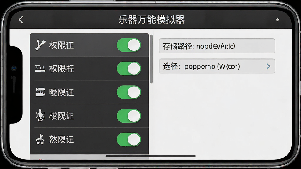 手机屏幕显示乐器万能模拟器设置界面,左侧为权限开关列表,右侧为存储路径选择框,顶部有