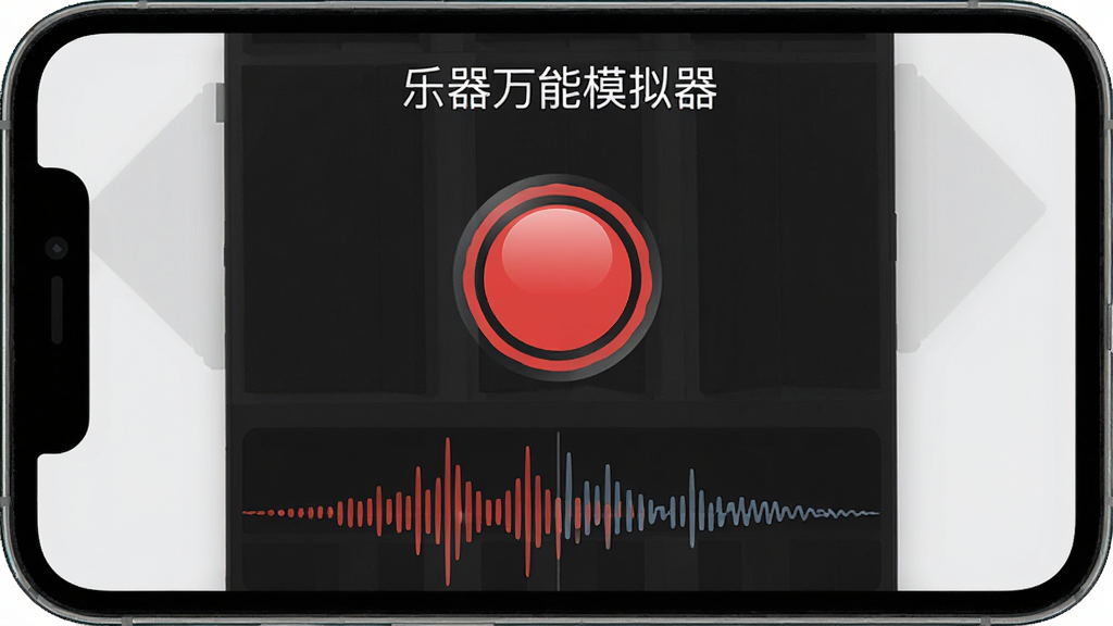 手机屏幕显示录音界面,中央有红色圆形录音按钮,下方波形图正在跳动,顶部显示