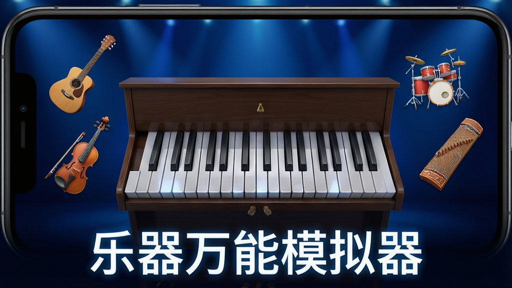 手机屏幕中央展示一架立式钢琴键盘,左右两侧分别漂浮着吉他、小提琴、架子鼓和古筝的图标,背景为深蓝色渐变舞台灯光效果,屏幕下方有