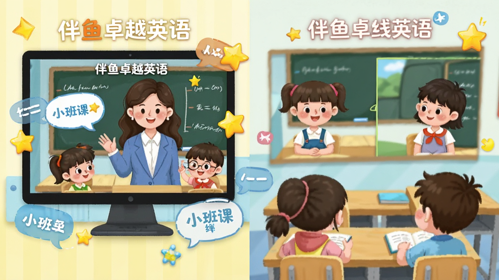 伴鱼卓越英语 小班课在线课堂场景,画面中一位外教老师通过屏幕与多名孩子互动,屏幕周围环绕卡通对话框与星星奖励图标,布局为分屏展示,排版活泼,风格为插画风,细节包含“伴鱼卓越英语”文字标识与虚拟教室元素,画质高清,干净,无多余元素