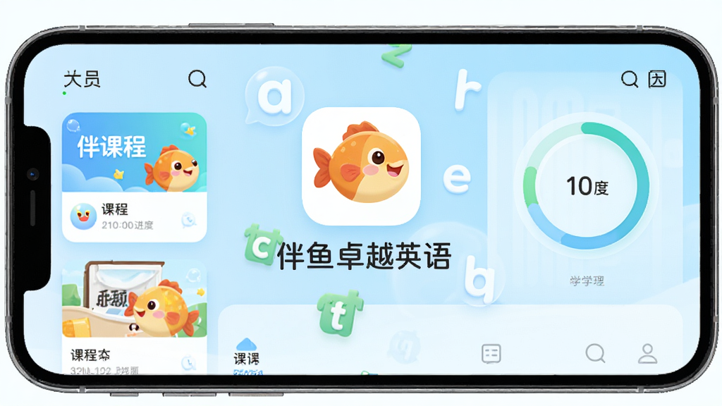 伴鱼卓越英语 手机APP界面展示,主页面显示课程卡片与学习进度环,背景为淡蓝色渐变,画面中央放置软件图标与名称“伴鱼卓越英语”,布局简洁清晰,排版居中对称,风格为清新教育类UI设计,细节包含卡通鱼形吉祥物与英文字母元素,画质高清,干净,无多余元素