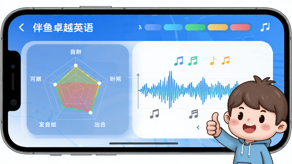 伴鱼卓越英语 AI纠音功能界面,手机屏幕显示发音评分雷达图与波形对比,旁边有卡通形象竖起大拇指,布局为上下结构,排版直观,风格为科技感教育风,细节包含“伴鱼卓越英语”名称与彩色评分条,画质高清,干净,无多余元素