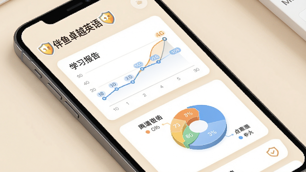 伴鱼卓越英语 家长端学习报告界面,手机屏幕显示折线图与饼状图,数据标签清晰,背景为柔和米色,布局为卡片式模块,排版规整,风格为简约商务风,细节包含“伴鱼卓越英语”文字与盾牌安全图标,画质高清,干净,无多余元素