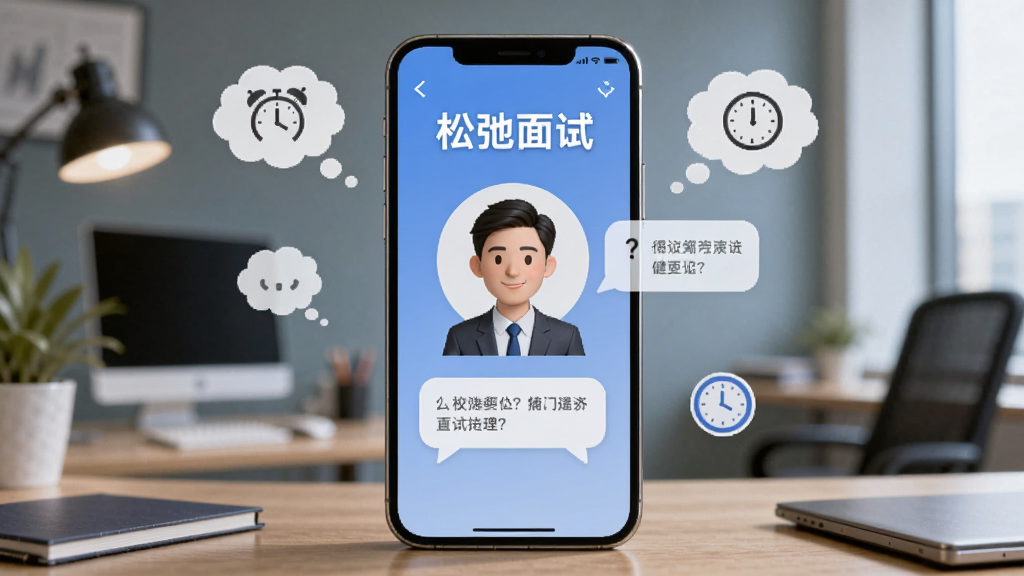 一张AI生成的图片,画面中央是一部智能手机,手机屏幕上显示“松弛面试”的模拟面试界面,有一个虚拟面试官头像和问题气泡,手机周围环绕着思考气泡和时钟图标,背景为柔和的办公室场景,风格写实,细节丰富,画质清晰,干净,无多余元素