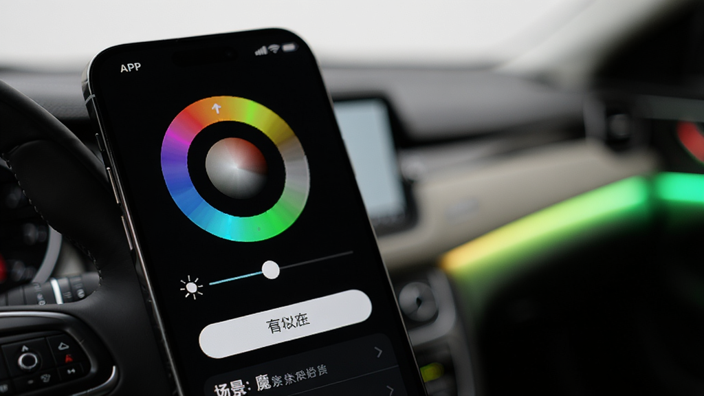 一张展示魔术车灯APP调色盘与场景保存功能的界面特写图,画面中手机屏幕显示圆形RGB色环与亮度滑动条,下方有保存按钮与场景列表,背景为汽车内饰氛围灯发出的柔和彩光,风格简洁明亮,画质细腻,无多余元素。