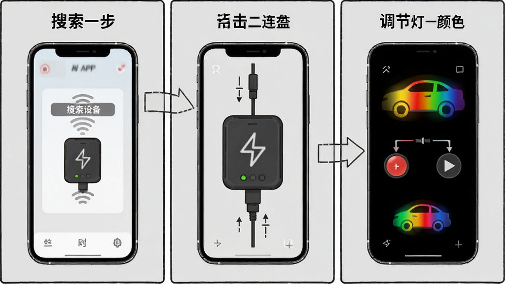 一张展示魔术车灯APP在手机端连接车灯控制盒的操作流程图,画面分为三个步骤,第一步手机搜索设备,第二步点击连接,第三步调节灯光颜色,整体排版为横向三格漫画风格,背景为浅灰色,风格简洁清晰,画质干净,无多余元素。
