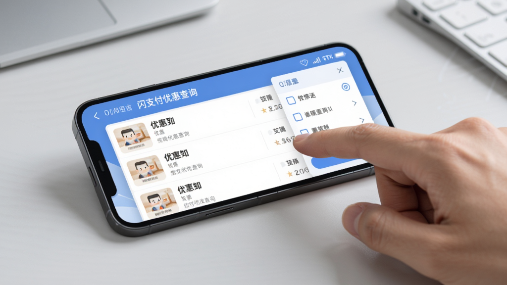 一张展示“闪支付优惠查询”移动端操作界面的图片,画面中一部手机横屏放置,屏幕上显示着优惠列表和筛选面板,旁边有一只手正在点击屏幕,背景为浅灰色办公桌面,风格写实、干净,画质清晰,突出操作细节,无多余元素