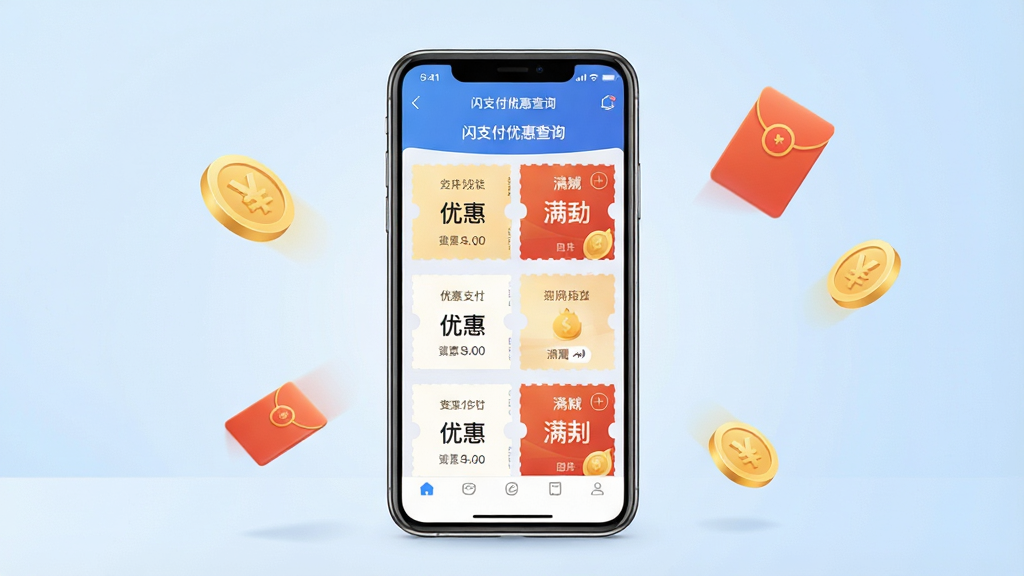 一张展示移动支付优惠查询场景的图片,画面中央是一部智能手机,手机屏幕上显示着“闪支付优惠查询”应用界面,界面中清晰排列着各类优惠券和满减活动卡片,背景是简洁的浅蓝色渐变,周围点缀着金币和红包图标,整体风格现代、干净、商务感强,画质清晰,无多余元素