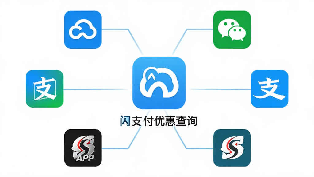 一张展示“闪支付优惠查询”多平台覆盖功能的图片,画面中央是“闪支付优惠查询”的图标,周围环绕着云闪付、微信支付、支付宝、银行APP等图标,图标之间以连线相连,背景为白色简约风格,画质高清,布局对称,无多余元素