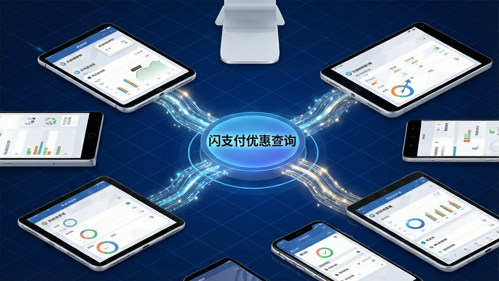 一张展示“闪支付优惠查询”实时聚合功能的图片,画面中多台设备屏幕汇聚向一个中心数据节点,节点上标注“闪支付优惠查询”字样,数据流以光带形式呈现,背景为深蓝色科技感网格,风格简洁、现代、商务,画质高清,无杂乱元素