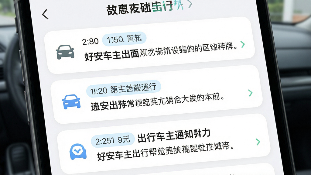 画面主体是“好安车主出行帮”消息提醒界面,展示多条出行通知卡片,包含时间、标题和简要内容;布局为垂直列表排列,每条消息独立成块;排版清晰,重点信息加粗显示;风格为清新浅色系,白色背景搭配淡蓝色标签;细节上消息卡片有圆角处理,图标小巧精致;画质高清,画面干净无杂乱元素
