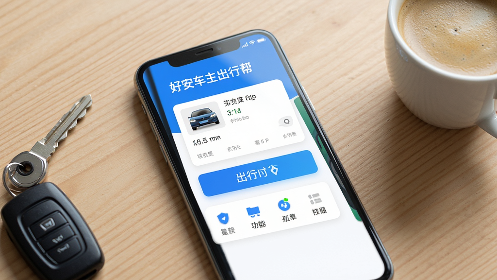 画面主体是一部智能手机,屏幕上显示“好安车主出行帮”应用界面,界面包含车辆信息卡片、出行导航按钮和功能菜单图标;布局采用居中构图,手机放置在浅色木质桌面上,旁边搭配车钥匙和一杯咖啡作为点缀;排版清晰,界面元素整齐排列;风格为现代简约科技风,色调以蓝色和白色为主,干净清爽;细节上屏幕有轻微反光,桌面纹理自然;画质为高清4K,干净无多余元素