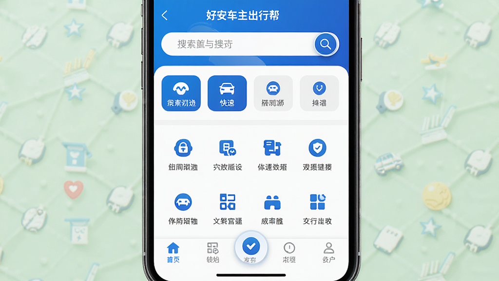 画面主体是“好安车主出行帮”软件首页界面,展示底部导航栏和顶部功能入口;布局为经典移动端首页结构,上方为搜索框和快捷按钮,下方为功能宫格;排版疏密有致,视觉引导清晰;风格为现代移动UI设计,蓝色主色调搭配白色背景;细节上按钮有按压反馈效果,图标风格统一;画质高清,画面干净利落