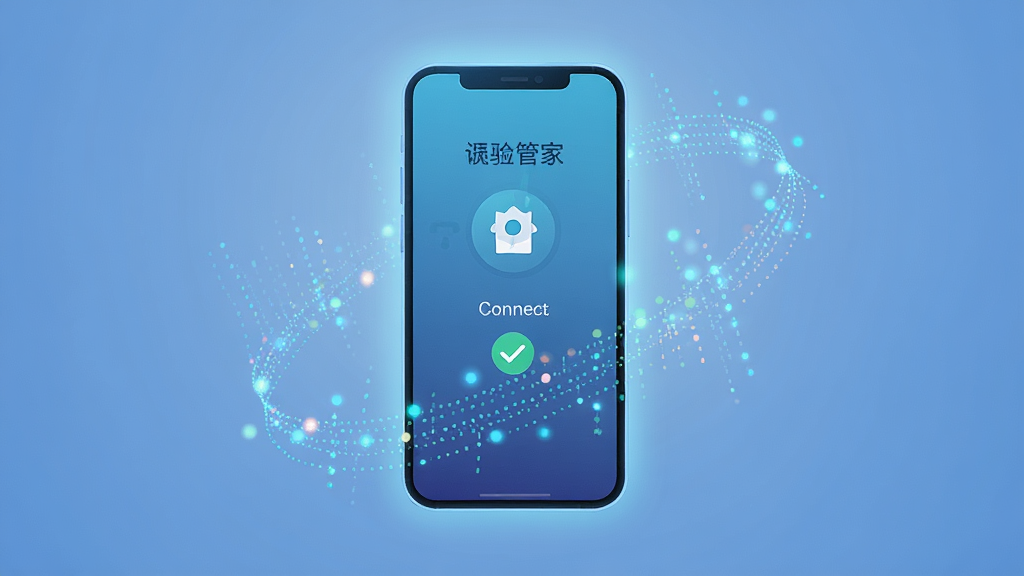 主体是一个发光的智能手机屏幕,屏幕上显示着远程控制管家的连接界面,布局为居中展示,排版突出屏幕内容,风格为现代扁平化科技风,细节上屏幕周围环绕着象征数据流动的光点,背景是柔和的渐变蓝色,画质高清,干净,无多余元素