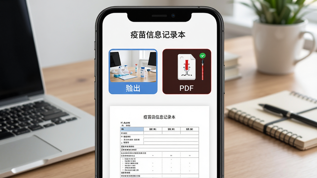 手机屏幕显示“疫苗信息记录本”的导出分享界面,界面中有图片和PDF两个导出选项,下方展示一份排版整齐的疫苗记录预览,背景是办公桌场景,风格为商务简约设计,画质清晰,文字可辨,干净利落