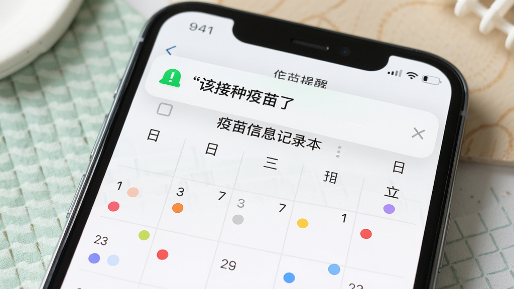 一部手机屏幕特写,显示“疫苗信息记录本”的日历提醒界面,日历上标注着彩色圆点表示接种日期,屏幕上方弹出提醒通知“该接种疫苗了”,背景是淡雅的桌面,风格为清新简约的UI设计,画质高清,细节丰富,无杂乱元素