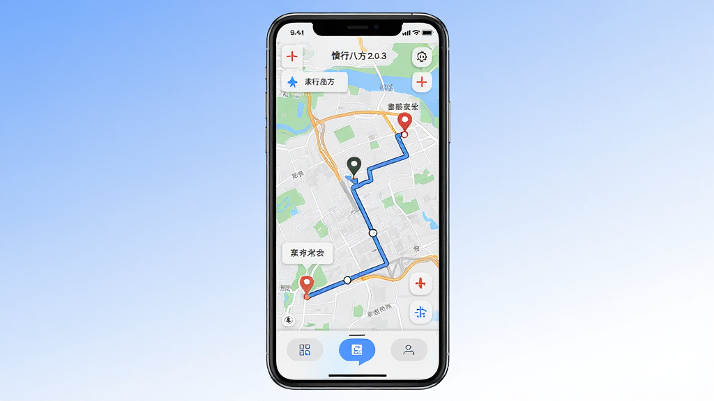 慎行八方 2.0.3 版本主界面截图,展示地图导航与路线规划功能,画面中央为手机屏幕,屏幕内显示城市地图、路线轨迹、起点终点标记、底部功能按钮,背景为柔和的蓝白渐变,风格简洁现代,细节清晰,画质干净无多余元素