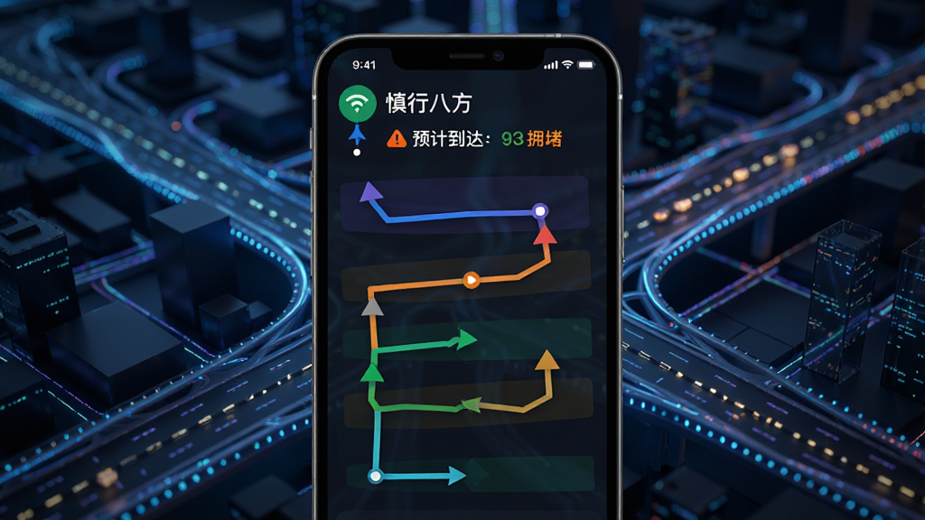慎行八方 实时智能路线规划功能展示图,画面主体为手机屏幕显示多条备选路线,每条路线用不同颜色标注,屏幕上方显示预计到达时间和拥堵提示,背景为抽象的城市道路网格,风格科技感十足,细节丰富,画质清晰干净