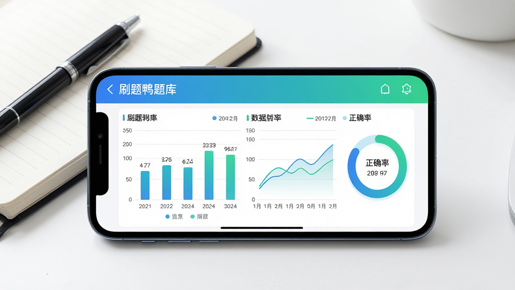 一幅展示刷题鸭题库学习数据统计功能的AI生图,画面主体是一部横屏手机,屏幕上显示刷题鸭题库的数据统计页面,包含柱状图、折线图和正确率圆环图,图表颜色为蓝绿渐变,手机旁边放着一本笔记本和一支笔,背景为干净的白色书桌,布局居中,风格简约商务,细节包括图表上的数值标签和日期刻度,画质高清,画面干净,无多余元素
