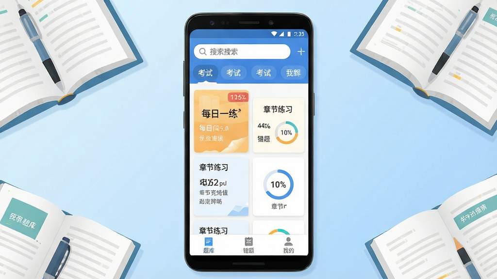 一张清晰展示手机屏幕内刷题鸭题库APP主界面的预览图,画面中央是一台竖屏安卓手机,屏幕上显示刷题鸭题库首页,顶部有搜索栏和考试分类入口,中部是每日一练与章节练习卡片,底部是题库、错题、我的三个导航按钮,背景为浅蓝渐变,周围散落几本翻开的学习书籍和一支笔,风格清爽扁平化,细节包括题库数字角标和进度圆环,画质高清,画面干净,无多余元素