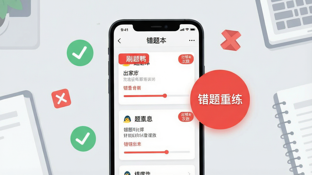 一幅展示刷题鸭题库智能错题管理功能的AI生图,画面中央是一部手机,屏幕上显示刷题鸭题库的错题本页面,红色标注的错题卡片整齐排列,旁边有一个醒目的红色圆形按钮写着