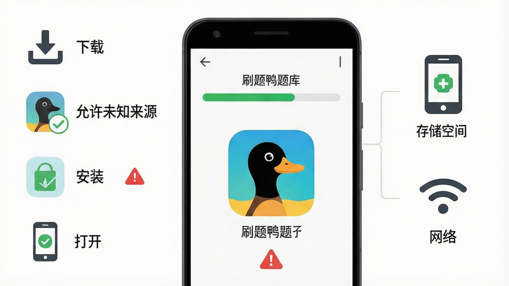 一幅展示刷题鸭题库在安卓手机上安装与使用的操作示意图,画面中央是一部手机,屏幕上显示安装进度条和刷题鸭题库图标,手机左侧列出安装步骤的图标:下载、允许未知来源、安装、打开,右侧用简洁图标展示存储空间和网络信号,布局左右分栏,风格扁平信息图,细节包括绿色对勾和红色警告图标,画质高清,画面干净,无多余元素