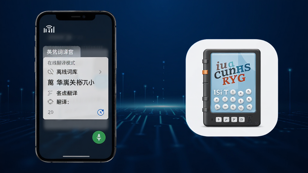 英汉翻译官离线翻译模式展示,手机屏幕中显示无网络信号图标与离线词库翻译结果,屏幕旁边放置一本电子词典图标,背景为深蓝色科技感渐变,排版左侧手机右侧词典图标,风格简约商务,细节清晰,高清画质,无多余装饰元素