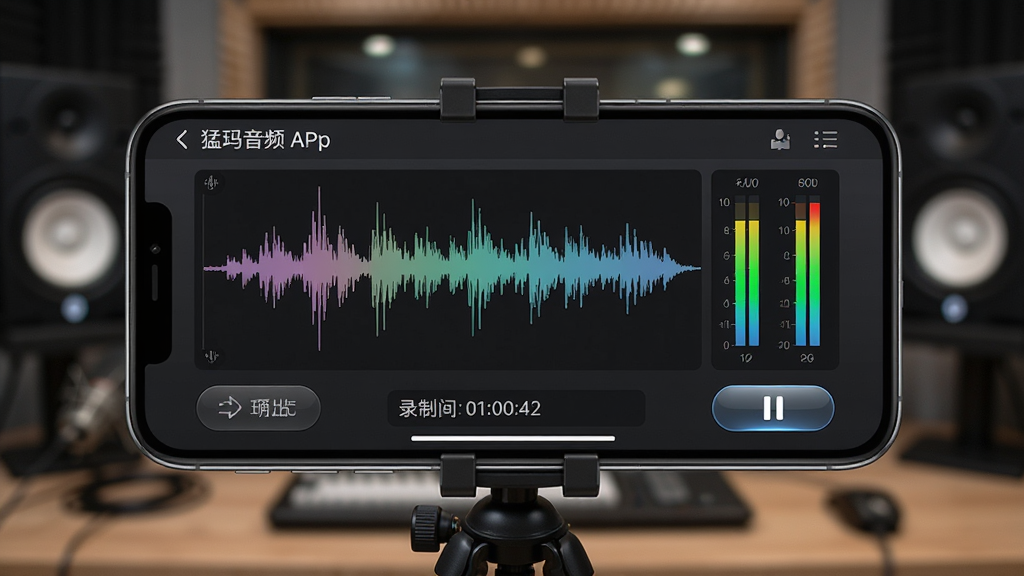 猛玛音频实时监控界面,画面中一部手机横屏显示猛玛音频APP的录音监控页面,屏幕上有跳动的音频波形图和电平表,下方有录制时间计时器和暂停按钮,手机固定在小型三脚架上,背景为虚化的室内录音棚环境,布局为全屏展示排版,风格为专业音频软件风,细节包括波形动画效果、电平表颜色渐变、按钮高光,画质高清,干净,无多余元素