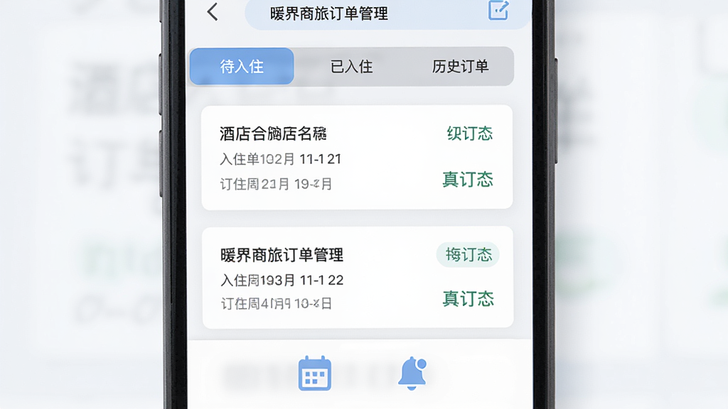 暖界商旅订单管理页面,画面中手机屏幕显示订单列表,包含待入住、已入住和历史订单三个标签页。每个订单卡片显示酒店名称、入住日期和订单状态。手机下方有一个日历图标和铃铛提醒图标。布局采用上下结构,手机占据画面主体。风格为清新简约风,细节包括柔和的蓝色和灰色配色,画质高清,画面干净,无多余元素。