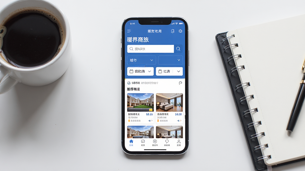 暖界商旅APP主界面展示,画面中央是一部智能手机,屏幕上显示暖界商旅应用首页,包含酒店搜索框、城市选择、日期筛选和推荐酒店列表。手机放置在简洁的办公桌面上,旁边有一杯咖啡和一本笔记本。整体布局采用居中构图,风格为现代商务简约风,细节包括屏幕上的蓝色主色调图标和清晰的文字排版,画质高清,画面干净,无多余元素。