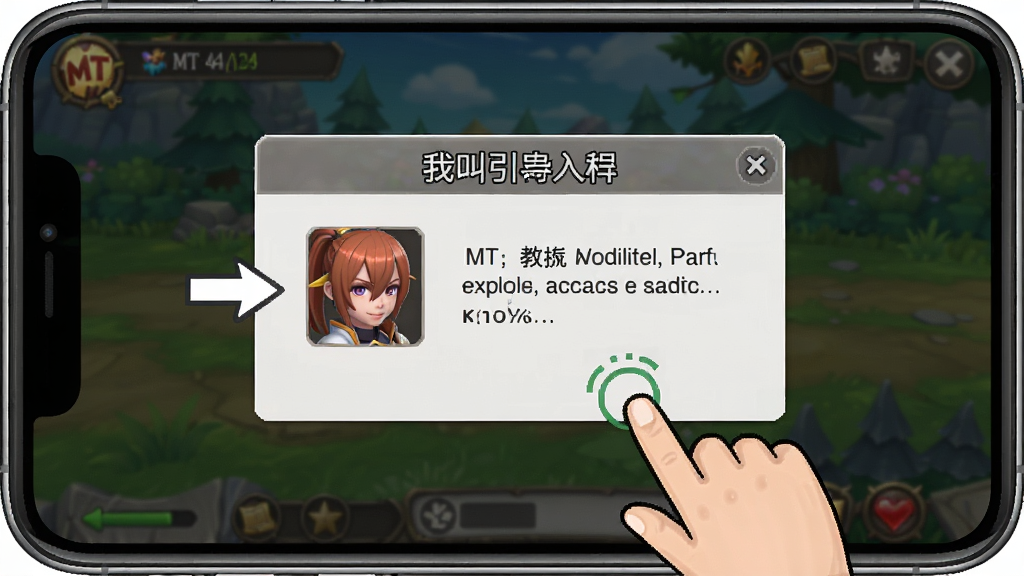 一张展示我叫MT新手引导界面的示意图,画面为手机屏幕中的游戏教程弹窗,布局为居中对话框加手指点击引导,风格为简洁明了的教学界面,细节包括箭头指示、文字说明和角色头像,画质清晰,干净,无多余元素