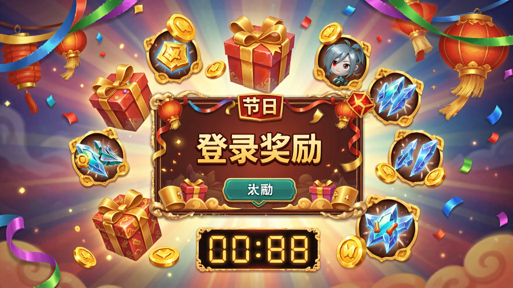 一张我叫MT活动界面宣传图,画面中央为节日主题的登录奖励弹窗,周围环绕礼盒、金币和角色碎片图标,布局为居中放射状,风格为喜庆热闹的游戏活动视觉,细节包括彩带、灯笼和倒计时数字,画质清晰,干净,无多余元素