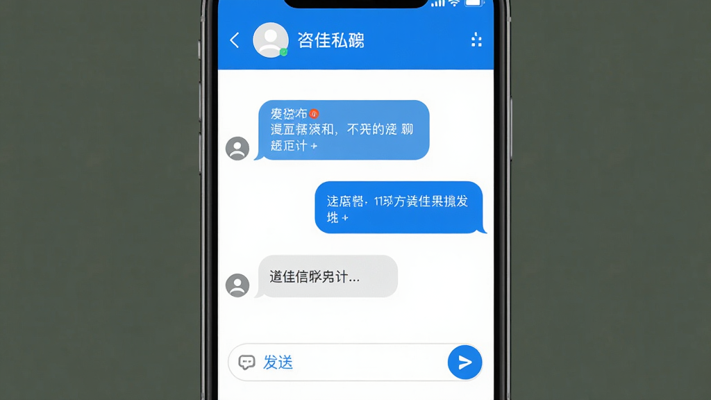 咨佳私信一对一聊天界面展示图,手机屏幕显示对话气泡,左侧为接收消息右侧为发送消息,顶部显示联系人名称,底部有输入框和发送按钮,整体配色以蓝白为主,界面清爽,画质高清,干净无杂乱元素
