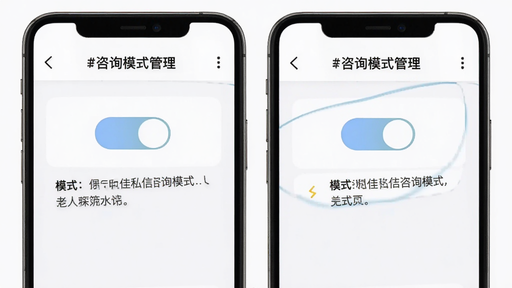 咨佳私信咨询模式设置页面,手机屏幕显示咨询模式开关按钮和模式说明文字,界面布局简洁,顶部标题为咨询模式管理,背景为浅灰白色,风格商务简约,画质清晰,无多余装饰元素