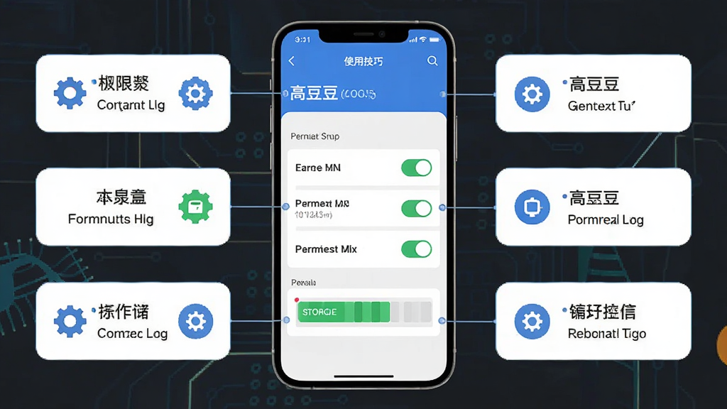 高豆豆使用技巧示意图,主体为手机屏幕展示应用设置界面与权限开关,布局为居中手机模型与周围标注提示框,排版简洁直观,风格为扁平化科技风,细节包含齿轮图标、权限开关与存储条,画质清晰干净,无多余元素