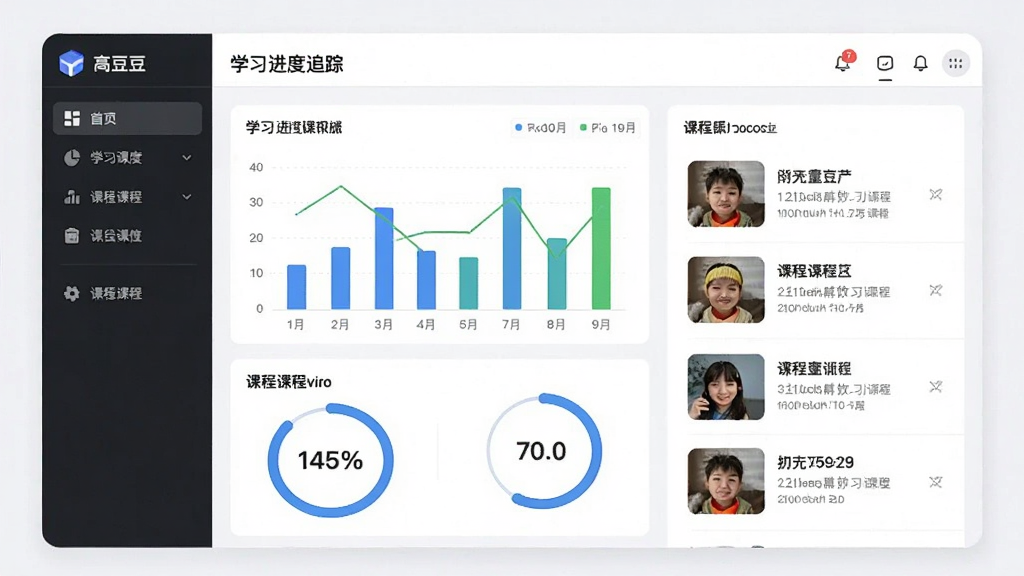 高豆豆学习进度追踪界面,主体为数据图表与课程列表,布局为左侧导航栏与右侧内容区,排版清晰有序,风格为现代简约教育风,细节包含柱状图、进度环与课程缩略图,画质清晰干净,无多余元素