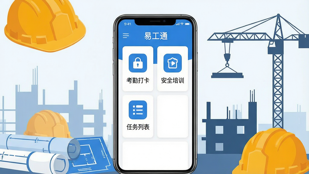 主体为一部智能手机,屏幕中显示“易工通”应用界面,界面包含考勤打卡、安全培训、任务列表等模块图标,布局为竖版手机屏幕居中展示,周围环绕建筑工地元素如安全帽、图纸、塔吊剪影,排版简洁清晰,风格为扁平化科技商务风,细节包含蓝色主色调与白色卡片式界面,画质高清,干净,无多余元素