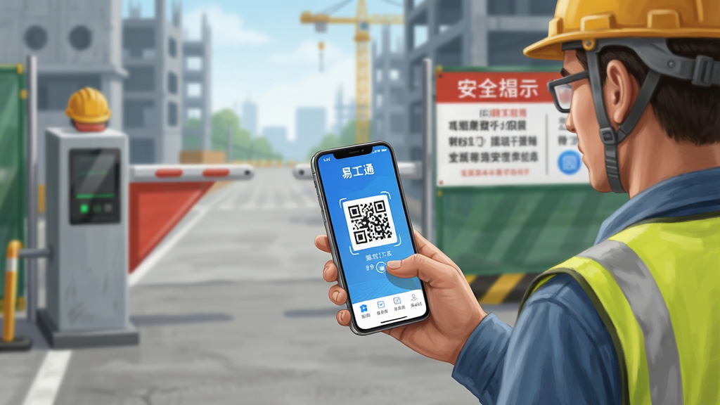 主体为建筑工地入口场景,工人使用手机进行“易工通”扫码打卡,布局为前景工人手持手机、背景为工地闸机与安全提示牌,排版突出手机屏幕与打卡动作,风格为写实商务插画风,细节包含安全帽、反光背心、蓝色应用界面元素,画质高清,干净,无多余元素