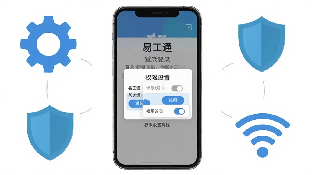 主体为手机屏幕显示“易工通”登录界面与权限设置弹窗,布局为手机居中、周围环绕齿轮图标、盾牌图标、WiFi图标,排版为教程说明风格,风格为清新扁平化设计,细节包含蓝色按钮、灰色文字提示、权限开关示意,画质高清,干净,无多余元素