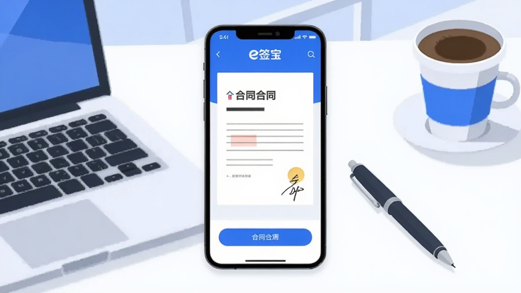 画面中央展示一部智能手机,手机屏幕显示“e签宝”应用界面,界面中有合同文档与签名按钮。背景为简洁的商务办公桌面,放置笔记本电脑、签字笔与咖啡杯。整体风格为现代扁平化插画,色调以蓝色和白色为主,干净明亮。画质清晰,无多余元素。