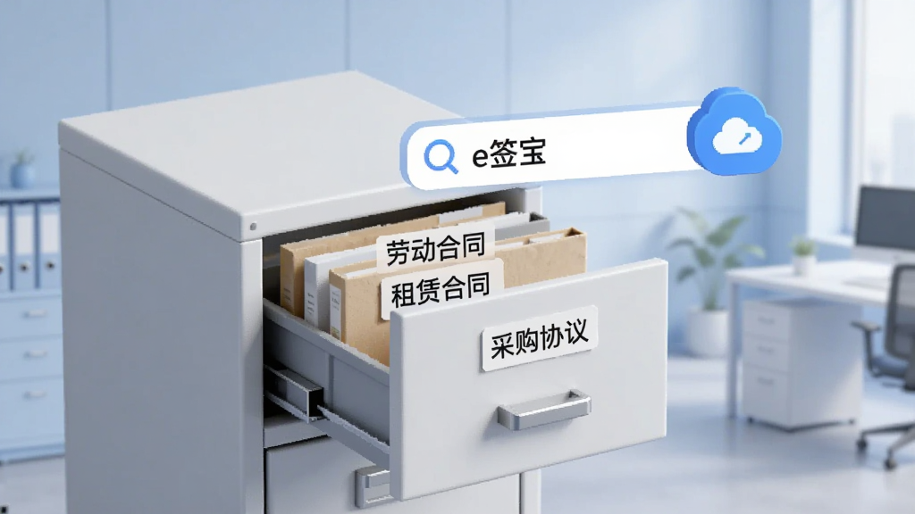 画面展示一个虚拟的文件柜,文件柜抽屉上标注着“劳动合同”“租赁合同”“采购协议”等标签。文件柜旁边悬浮着“e签宝”的搜索框与云朵图标。背景为淡蓝色办公室场景,风格清新简约,画质清晰,无多余元素。
