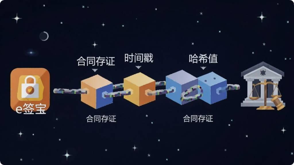 画面中央是一条由多个方块链接而成的区块链条,链条上标注着“合同存证”“时间戳”“哈希值”等字样。链条一端连接着“e签宝”的图标,另一端连接着法院与天平图标。背景为深色星空,突出科技感与法律权威。风格为扁平化插画,画质清晰,无多余元素。