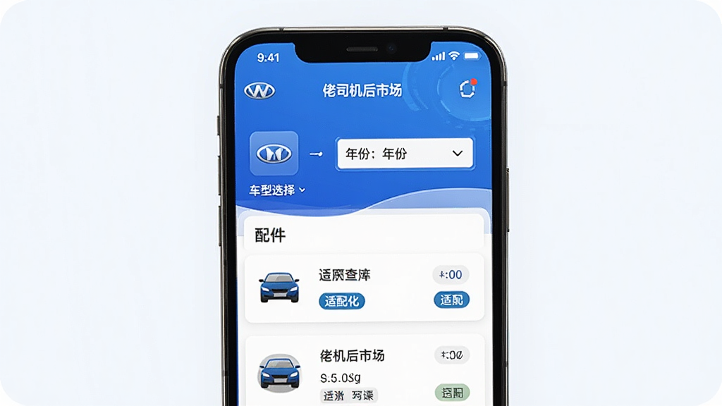 一张“佬司机后市场”APP车型适配查询界面图,主体为手机屏幕展示车型选择与配件匹配结果,布局为上方车型选择器、下方配件列表,排版清晰,风格为科技蓝调,细节包括品牌Logo、年份下拉框、适配标签,画质高清,干净,无多余元素