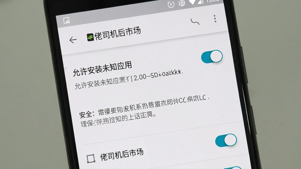 一张手机屏幕展示“佬司机后市场”APP安装权限设置界面,主体为安卓系统设置页面,布局为权限开关列表,排版简洁,风格为系统原生UI,细节包括“允许安装未知应用”开关高亮、安全提示文字,画质清晰,干净,无多余元素