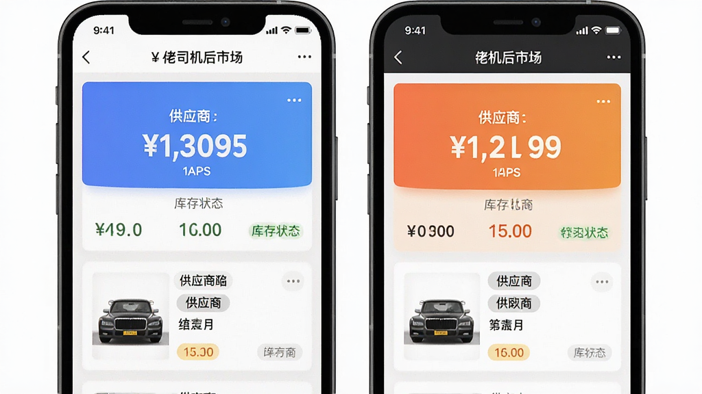 一张展示“佬司机后市场”APP比价功能的界面截图,主体为手机屏幕,布局为左右对比的商品报价列表,排版为上下结构,风格为简洁商务风,细节包括价格数字突出显示、供应商名称标签、库存状态标识,画质清晰,干净,无多余元素