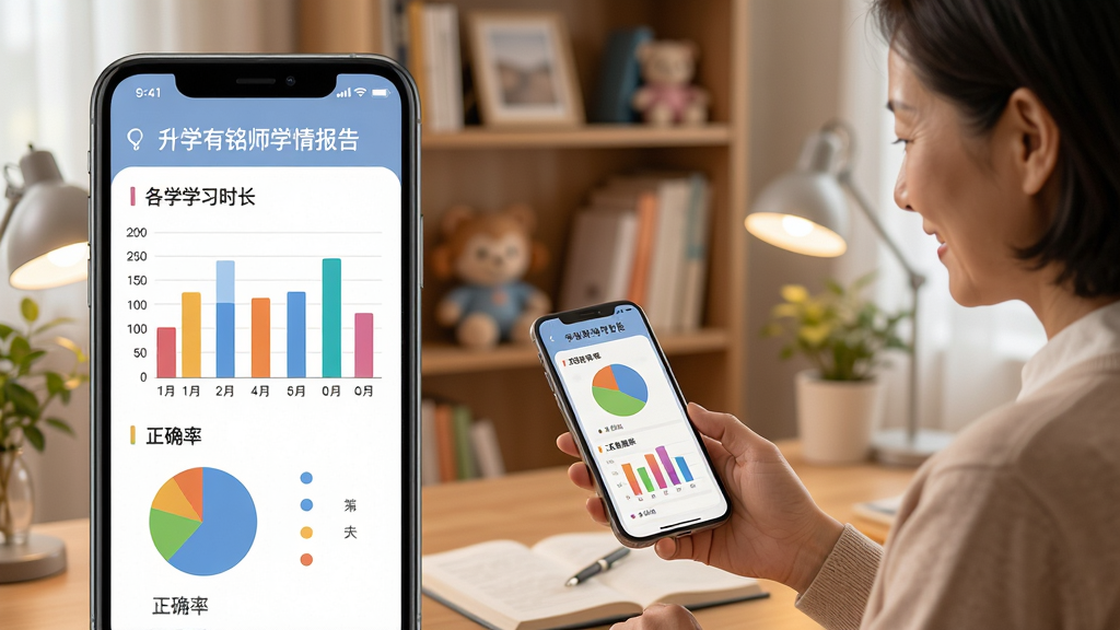 ��ѧ����ʦѧ�鱨��ҳ�棬�ֻ���Ļ��ʾ��ɫ��״ͼ�ͱ�״ͼ��չʾ��ѧ��ѧϰʱ������ȷ�����ݣ��Ա��мҳ��鿴�ֻ��ĳ���������Ϊ��ܰ��ͥ�鷿��������������������Լ����ϸ�ھ��£����ʸ���ɾ�