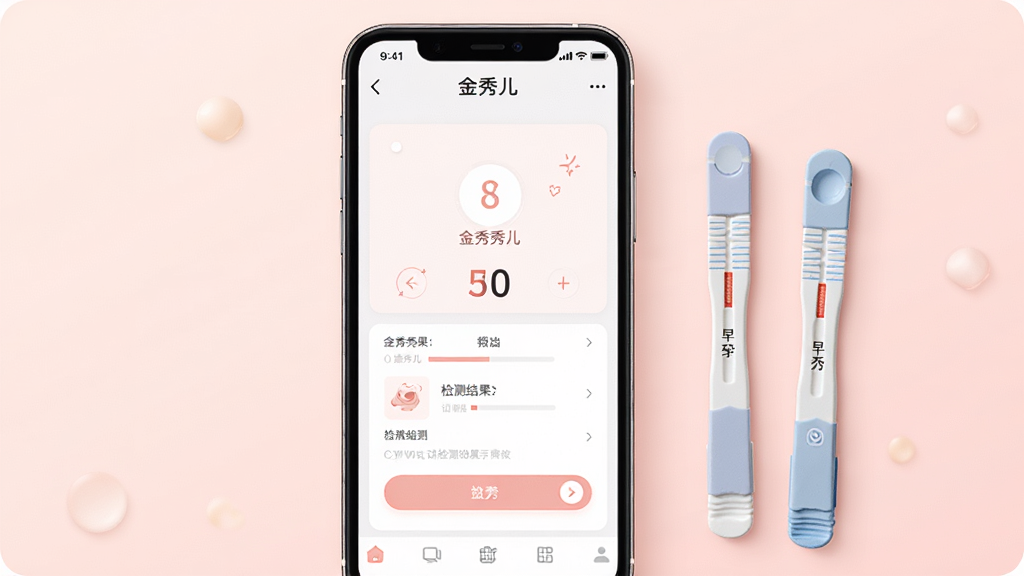 金秀儿App主界面与试纸检测功能展示图,画面中央是一部智能手机,屏幕上显示金秀儿应用的检测结果页面,旁边放置金秀儿排卵试纸和早孕试纸各一支,背景为柔和的浅粉色渐变,整体风格清新温暖,画质清晰干净,无多余元素
